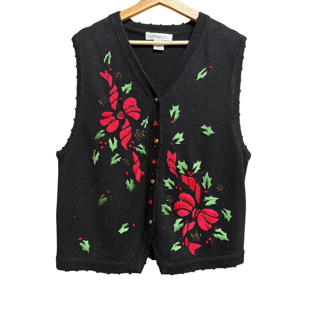 Arriviste Womens Sweater Vest XL VTG Christmas Holiday Embroidered Ribbon Artsy
